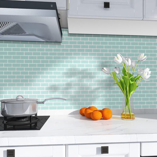 kitchen backsplash adhesive green vinyl wallpaper tile