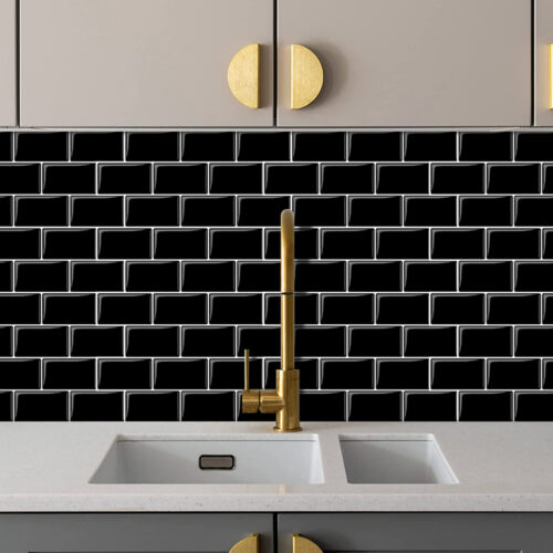 cheap vinyl black subway tiles behind sink walls