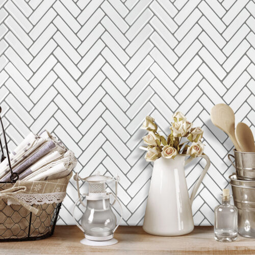 home wall decor peel and stick white herringbone tile