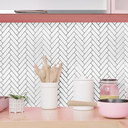 kitchen backsplash white peel and stick herringbone tile