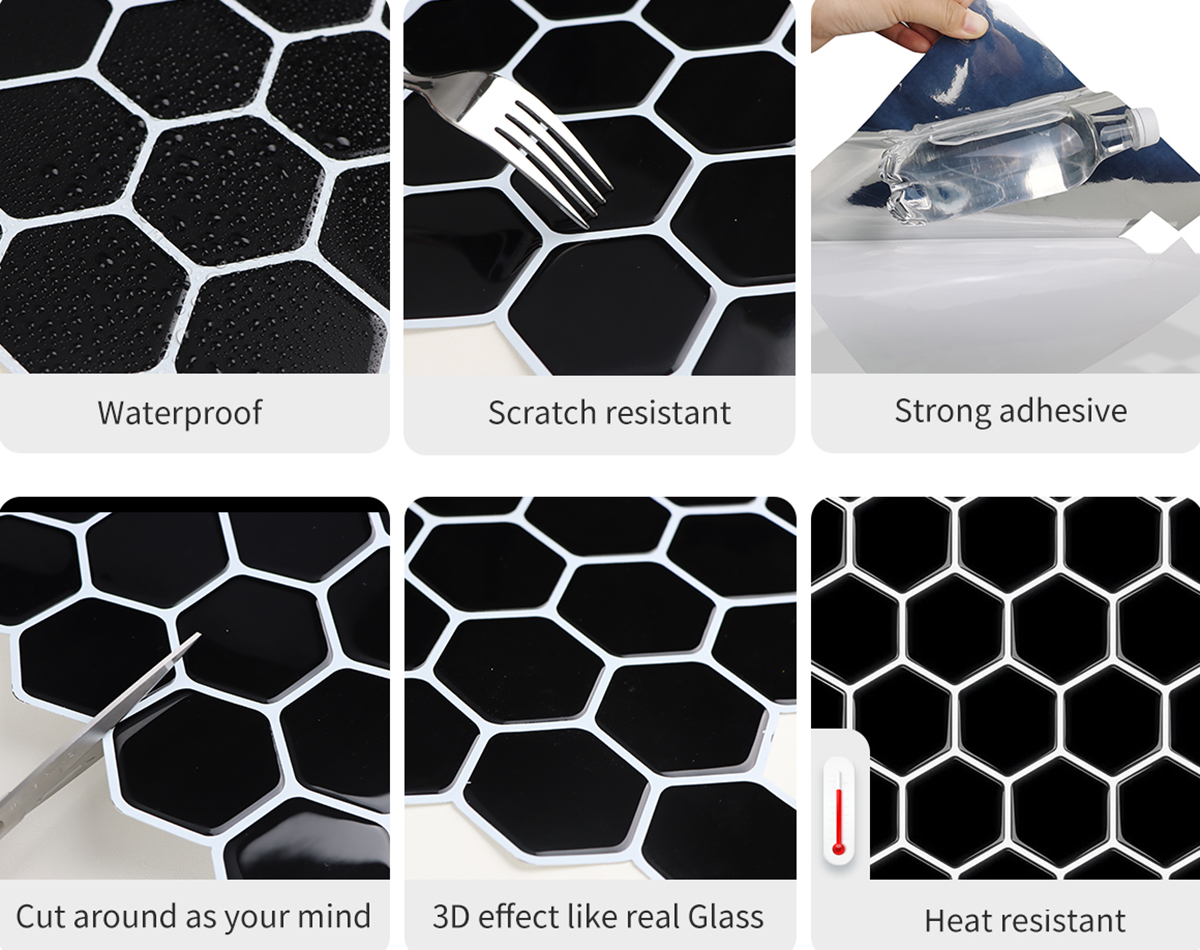 peel and stick black vinyl hexagon tile backsplash has a lot of good features