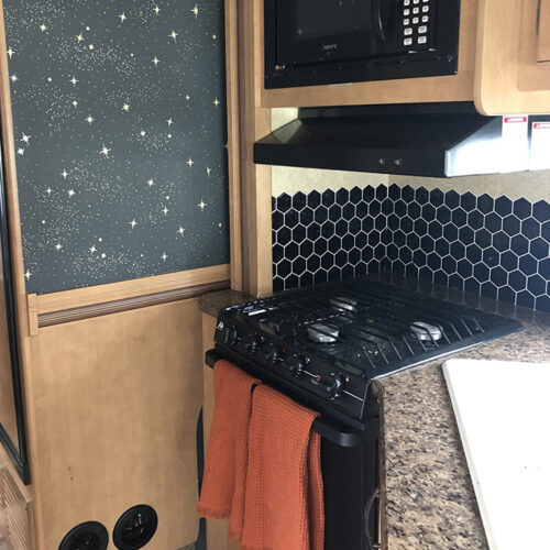 RV backsplash peel and stick black hexagon tiles