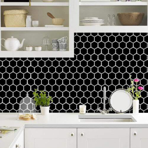 peel and stick black hexagon tiles for kitchen backsplash