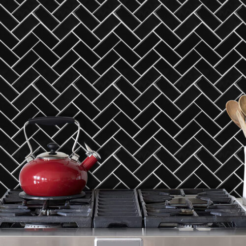 black chevron peel and stick tile backsplash