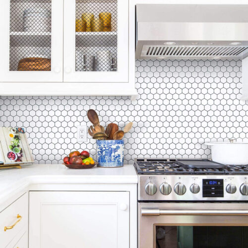 peel and stick white hexagon vinyl tile backsplash