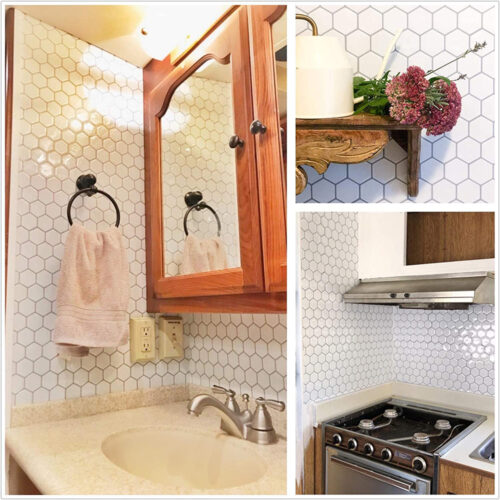 white hexagon RV tile backsplash