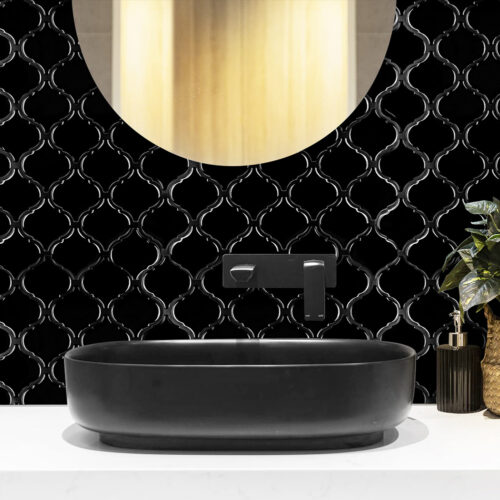 around mirror backsplash peel and stick black arabesuqe tiles