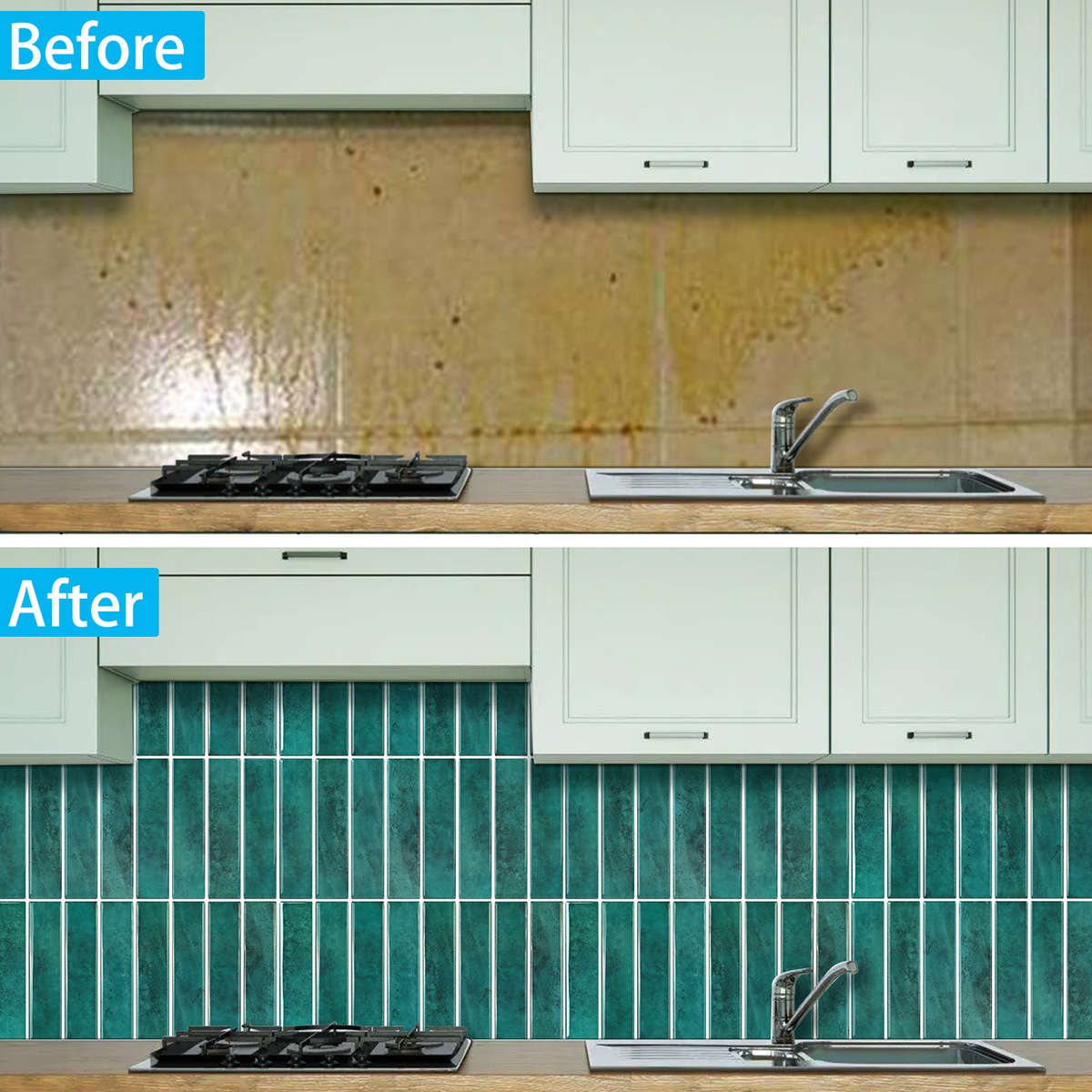 before and after using peel and stick green finger tiles for kitchen backsplash