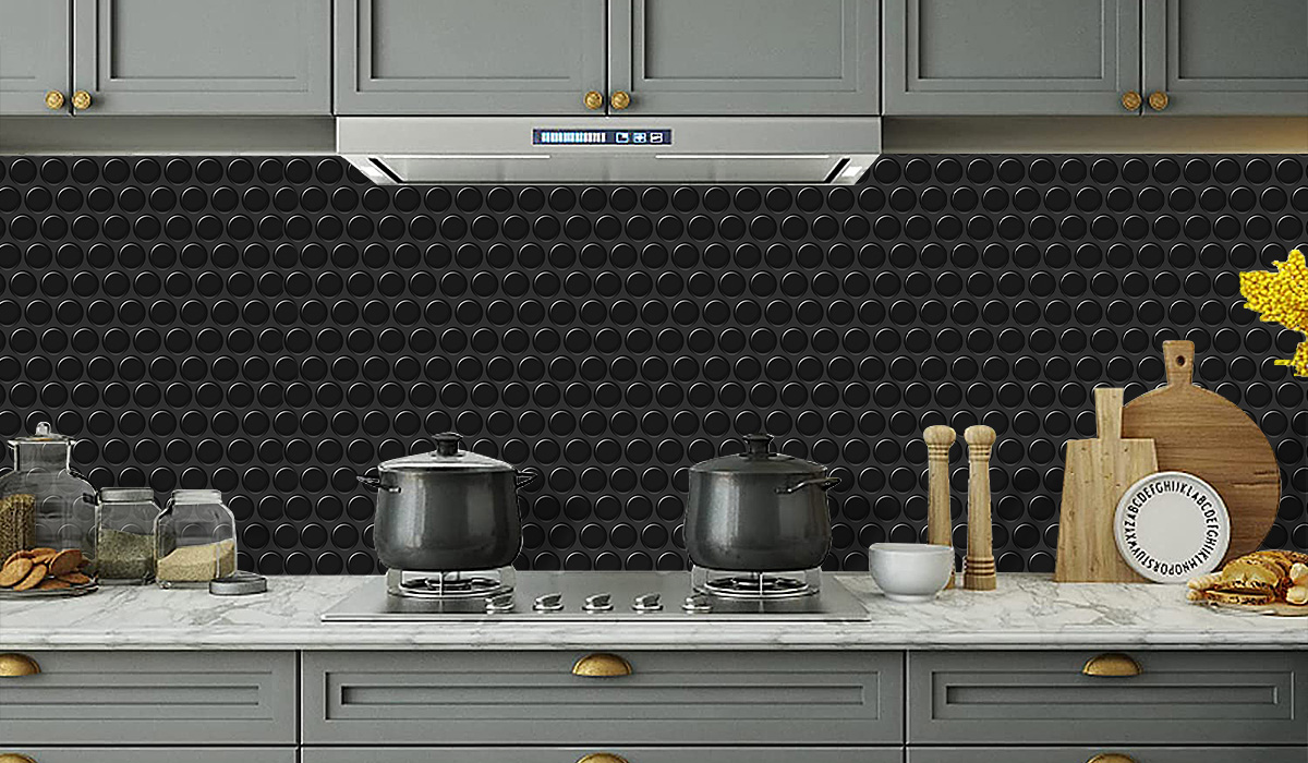 peel and stick black penny tile backsplash