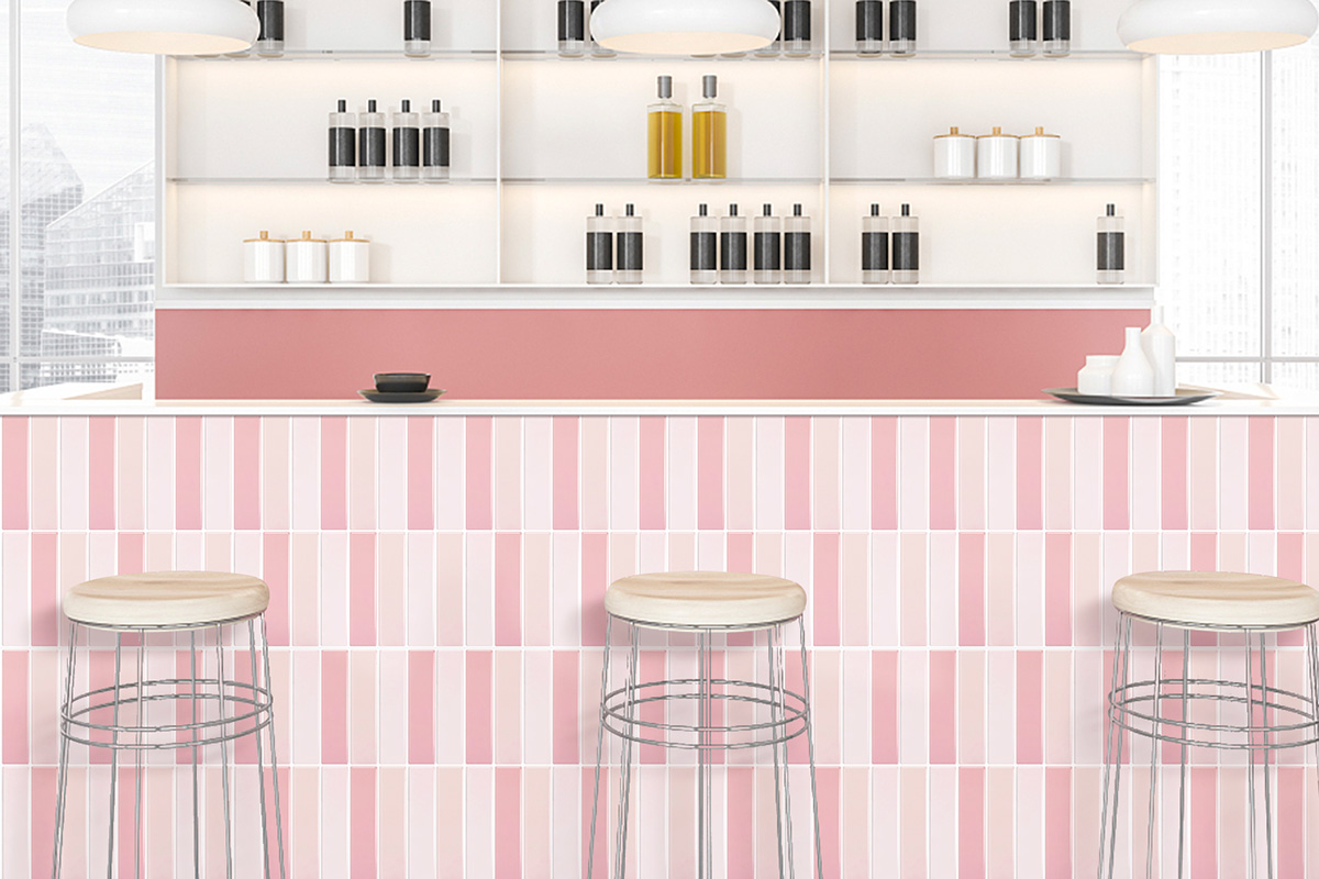 peel and stick pink finger mosaic tiles for kitchen island