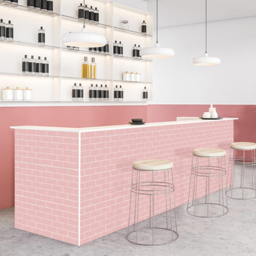 kitchen island pink subway tiles