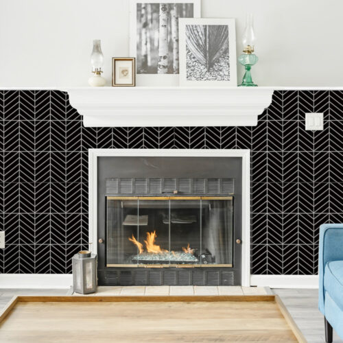 peel and stick black herringbone tile fireplace