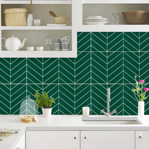 green herringbone tile backsplash kitchen