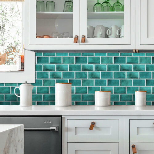 green marble subway tiles kitchen