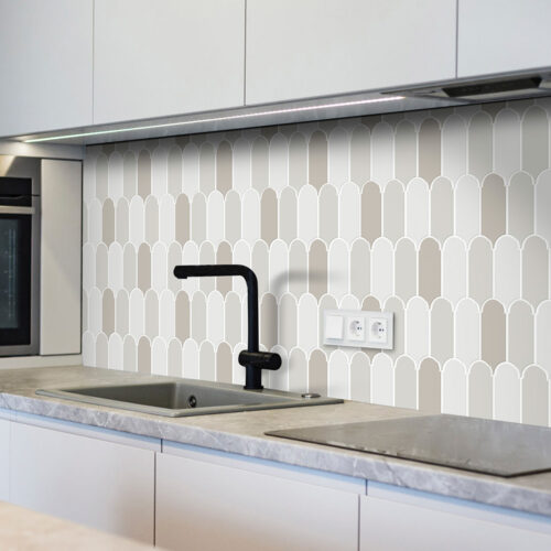 beige mosaic feather tiles for kitchen backsplash