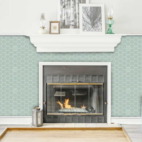 green hexagon vinyl tiles for fireplace