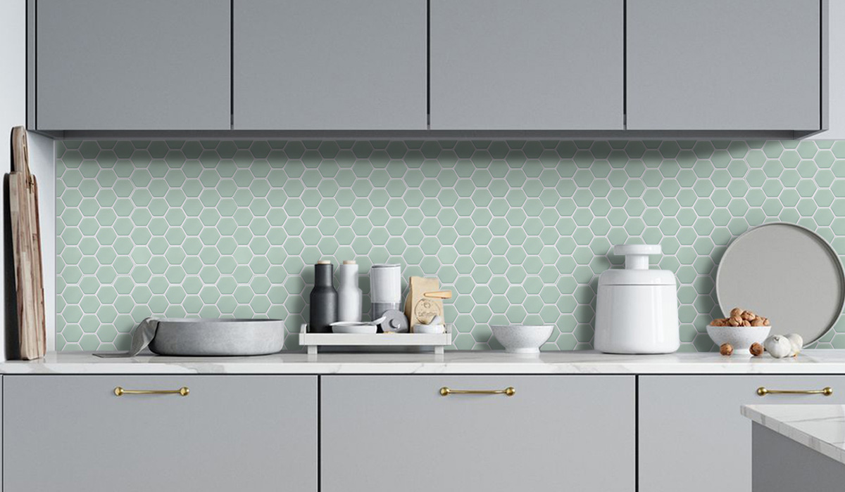 peel and stick green hexagon vinyl tiles for kitchen backsplash