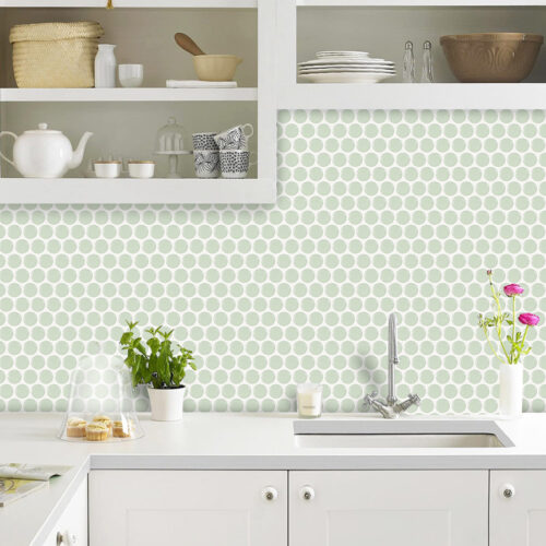 peel and stick green penny tile kitchen backsplash