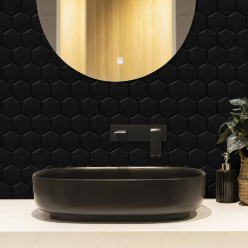 peel and stick matte black hexagon tiles for bathroom backsplash