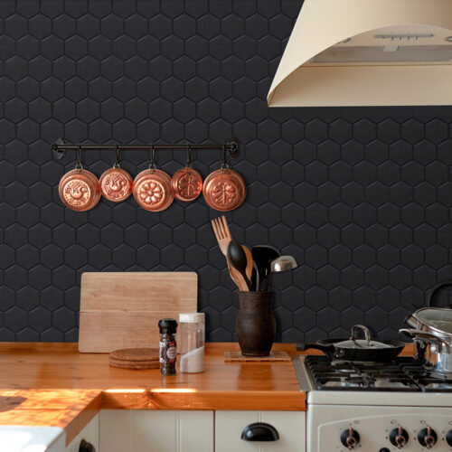 peel and stick matte black hexagon tiles for kitchen backsplash