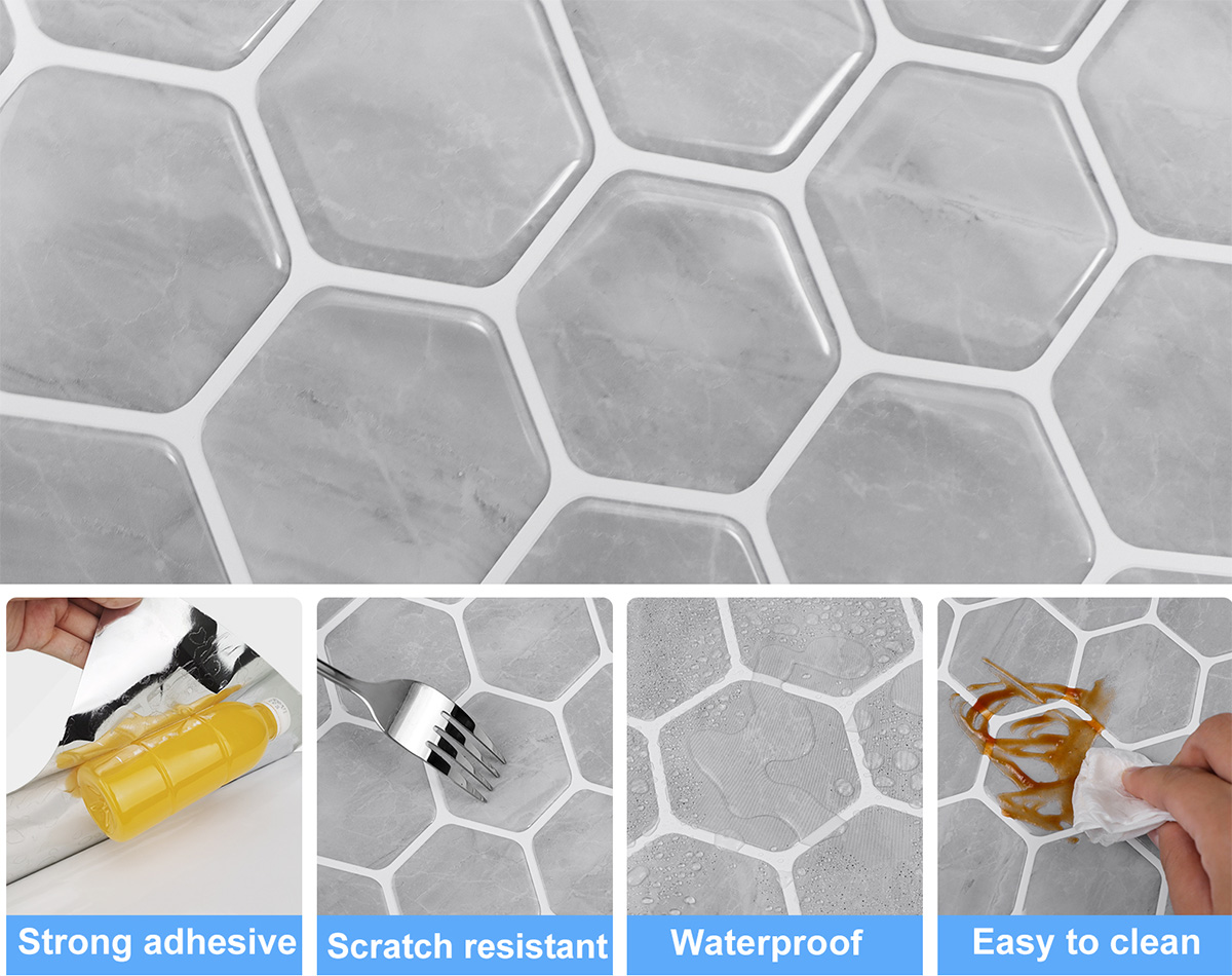 peel and stick vinyl hexagon stone tile features