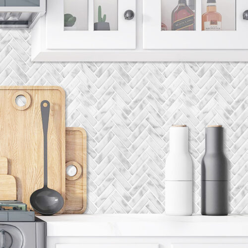 peel and stick kitchen backsplash white marble herringbone tiles