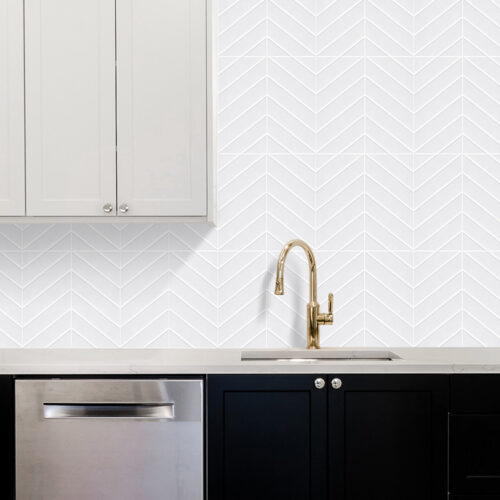 behind sink pure white herringbone vinyl wall tile