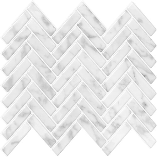 white marble herringbone backsplash tile