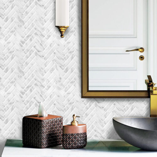 peel and stick bathroom backsplash white marble herringbone tiles