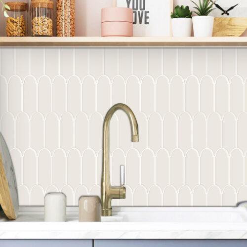 beige feather backsplash tiles behind sink wall