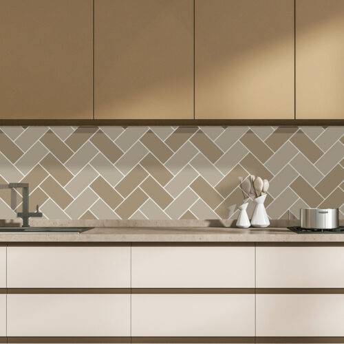 beige herringbone subway mosaic tile backsplash