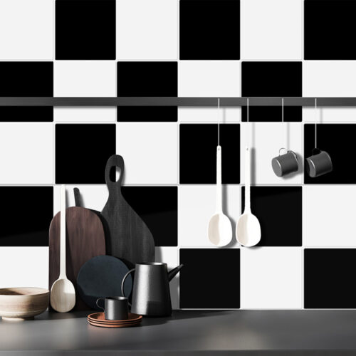 black and white square tile backsplash kitchen