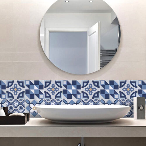 blue geometric tile backsplash bathroom