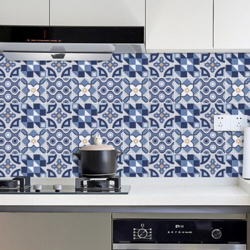 blue geometric tile backsplash kitchen