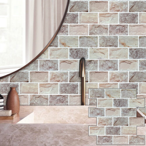 faux stone brick tile backsplash bathroom