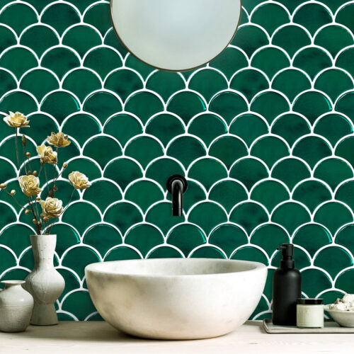 fish scale green marble tile backsplash bathroom