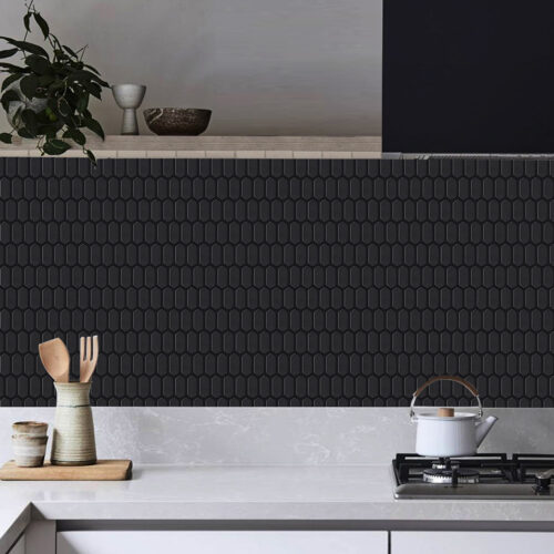 peel and stick black elongated hexagon tile backsplash kitchen