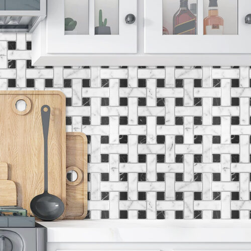 black and white marble mosaic kitchen backsplash