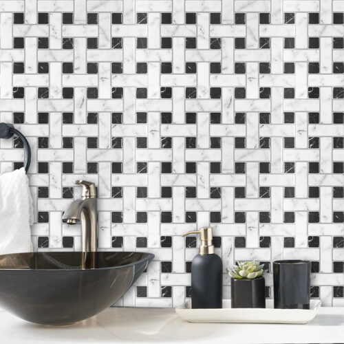 peel and stick black and white basketweave mosaic backsplash bathroom