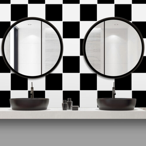 black and white square tile backsplash bathroom