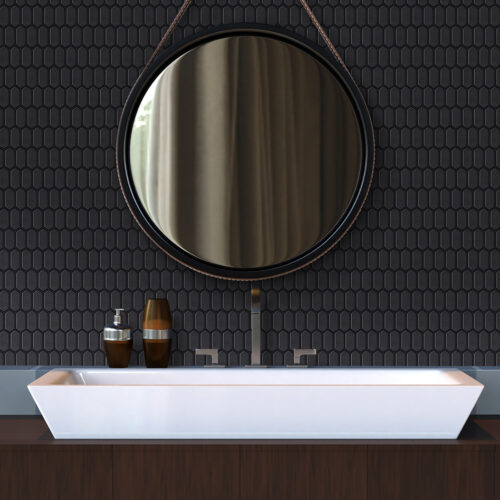 peel and stick black elongated hex tile backsplash bathroom