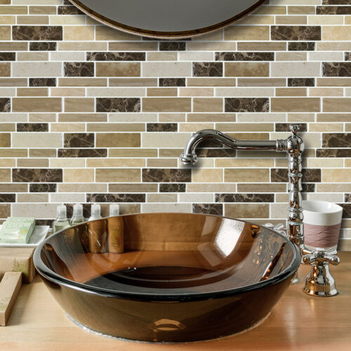 peel and stick brown marble vinyl tile backsplash bathroom