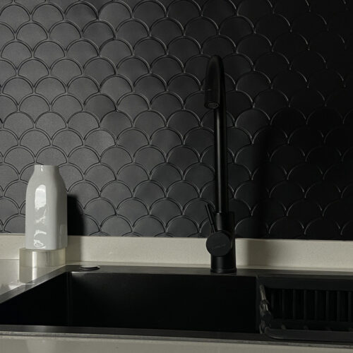 peel and stick black fish scale sink backsplash