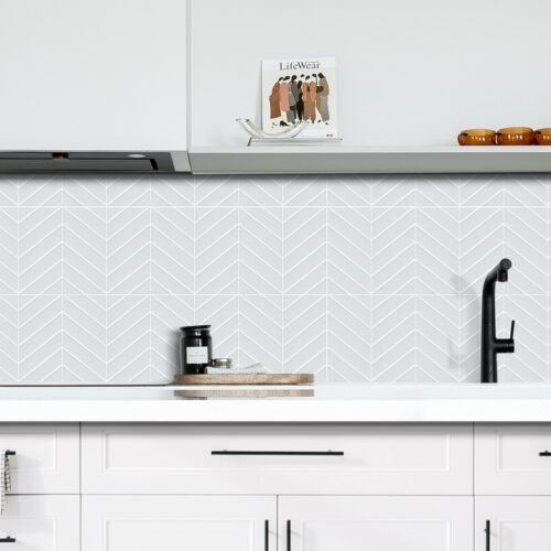 peel and stick gray herringbone tile backsplash