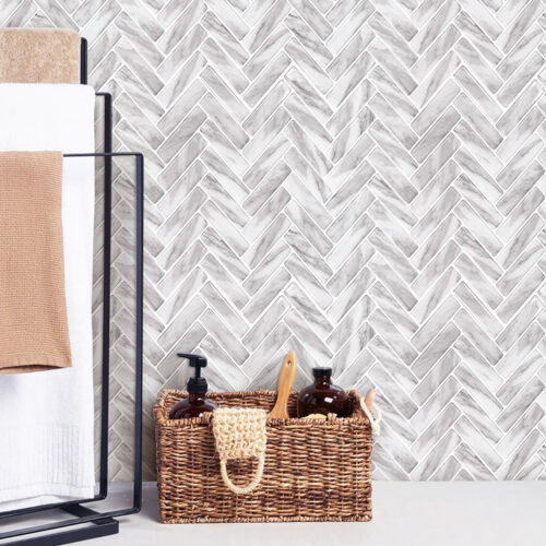 peel and stick marble look herringbone tiles for laundry room