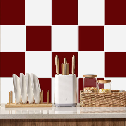 red and white tile backsplash kitchen