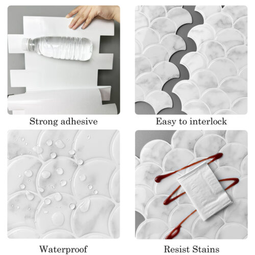 peel and stick white marble fish scale vinyl tile features