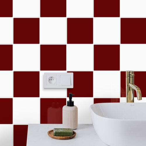 red and white tile backsplash bathroom