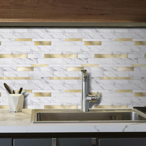 white marble and copper mosaic tiles behind the sink wall