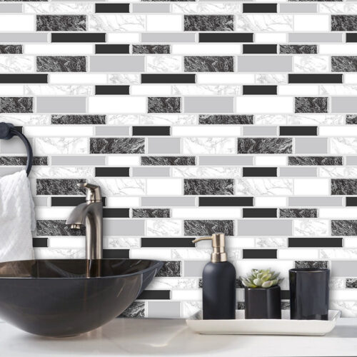 black and white marble tile backsplash bathroom